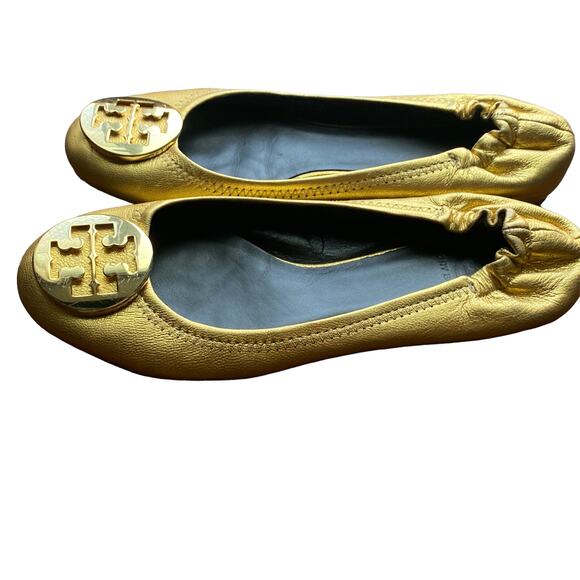 Tory Burch Reva Gold Leather Ballet Flats Women’s Shoes Logo Medallion 7.5 - Picture 2 of 12